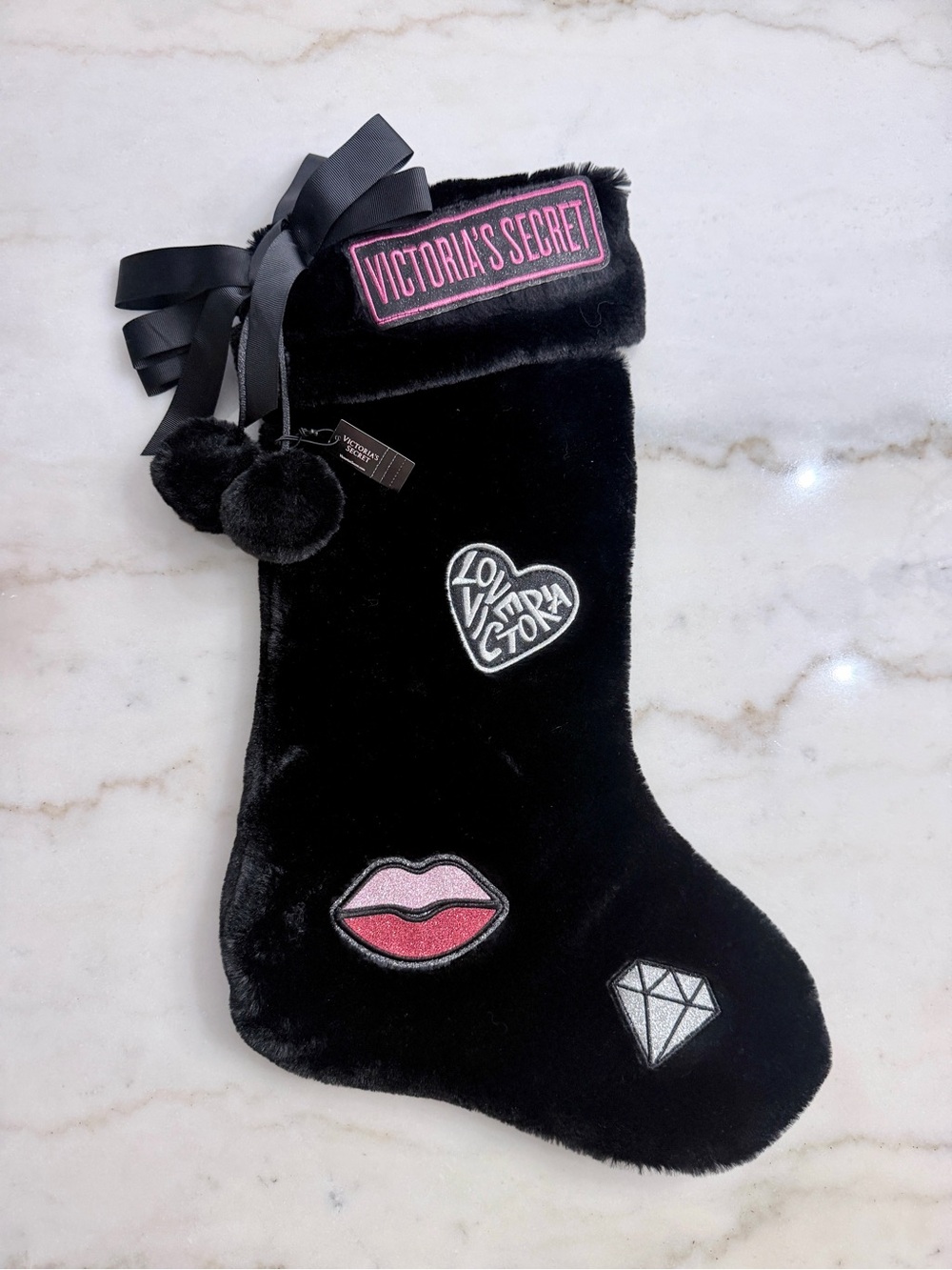 NWT VS black fuzzy limited release embroidered holiday stocking size large